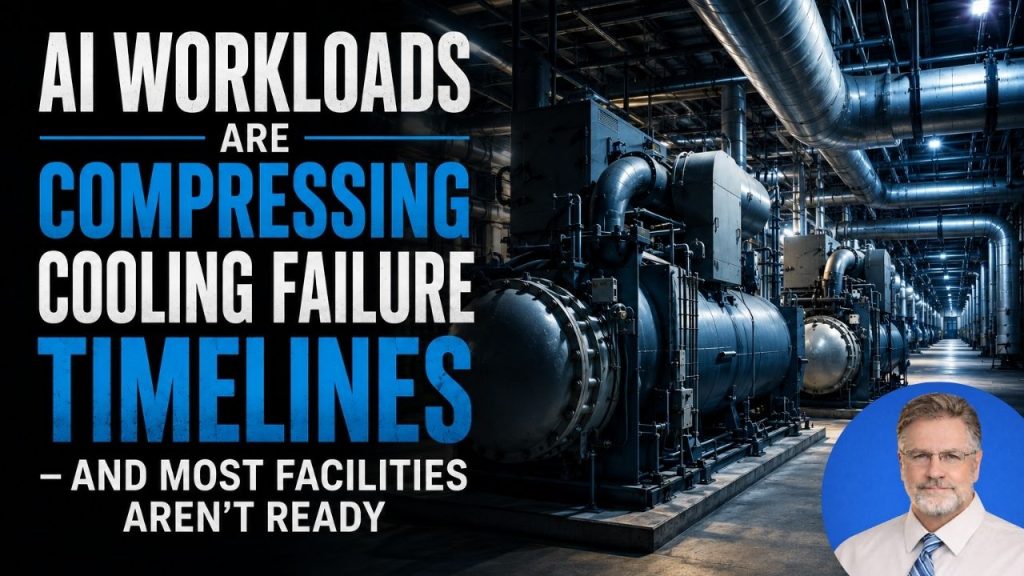 AI cooling infrastructure with industrial chillers illustrating how rising AI workloads are increasing cooling system failure risks in mission-critical facilities