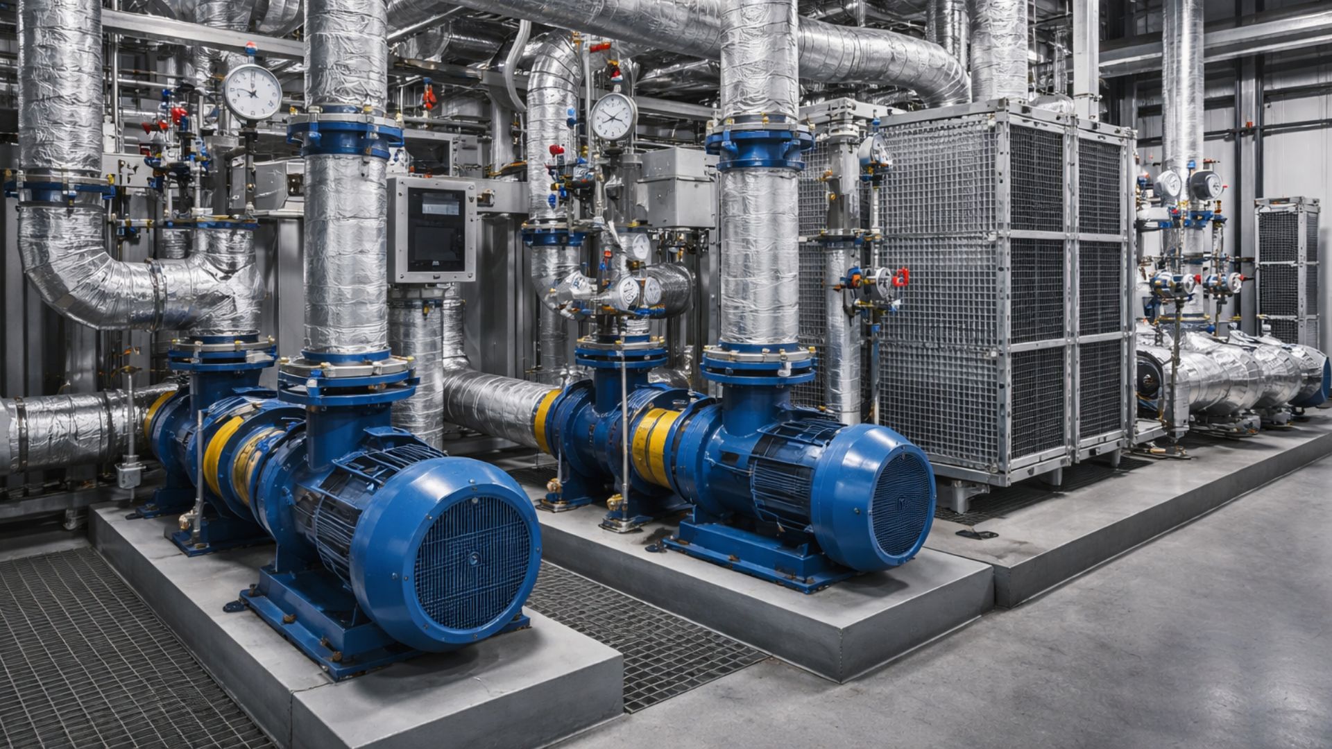 Mission-critical cooling system with industrial pumps, insulated piping, pressure gauges, and heat exchangers.