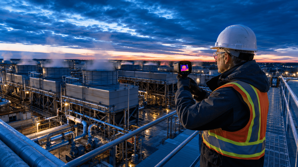 Engineer conducting a comprehensive cooling reliability audit at a mission-critical rooftop plant