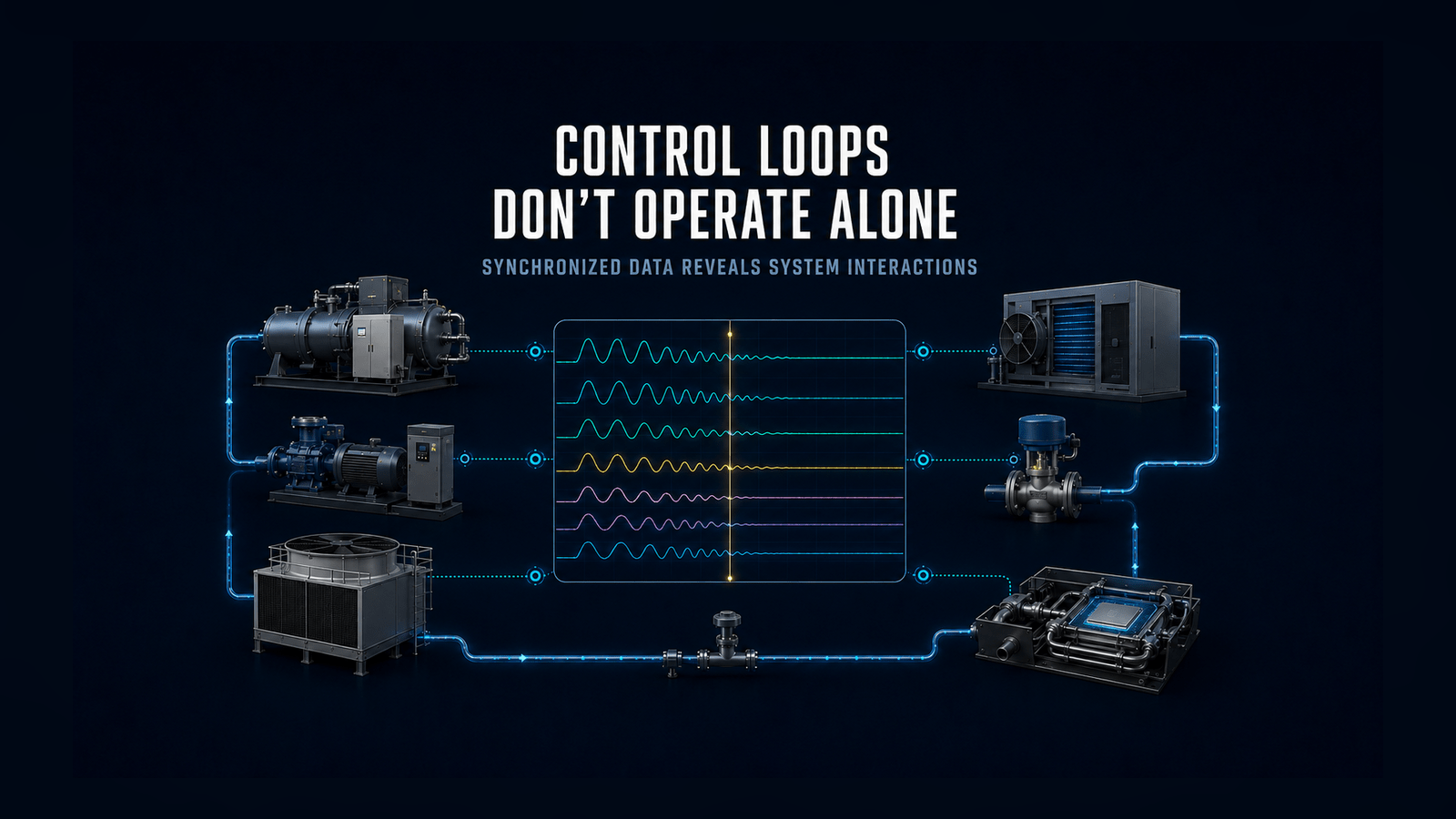 Data center PUE analytics using synchronized PID trend data across chiller, pump, tower, airside and direct-to-chip cooling controls