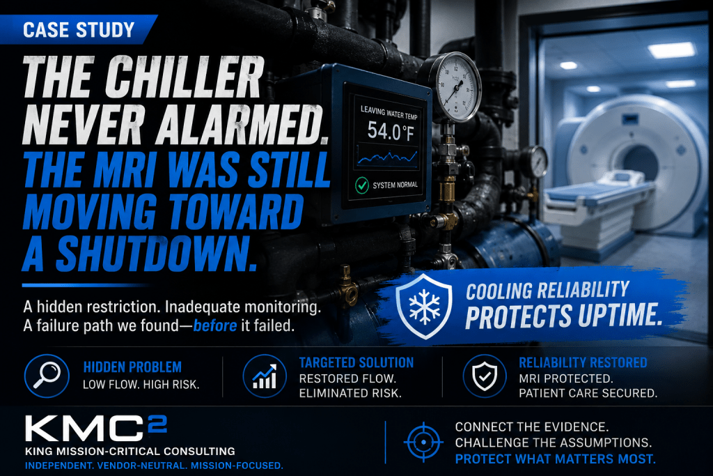 MRI cooling system failure case study showing a normal chiller and an MRI at risk from reduced water flow