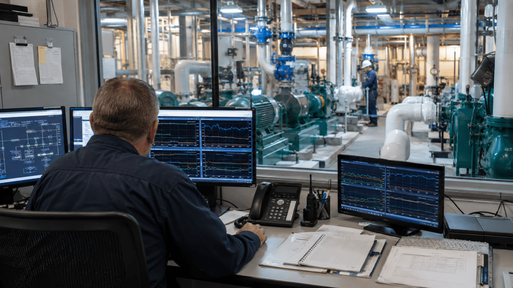 Cooling-system operator monitoring mission-critical equipment and operating trends