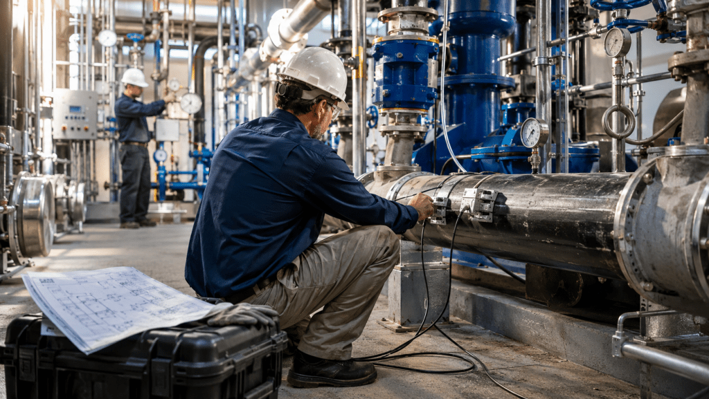 Engineer performing ultrasonic flow testing on mission-critical cooling-system piping