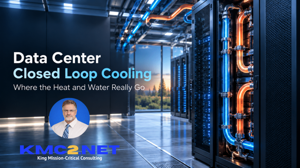 Data center closed loop cooling with liquid-cooled server racks showing heat and water flow