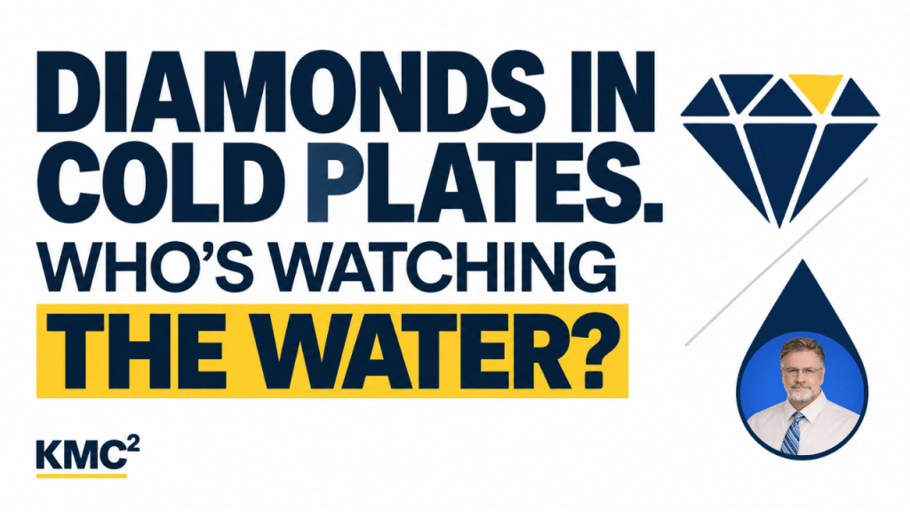 Diamond and water-drop graphic asking who monitors the coolant serving advanced GPU cold plates.
